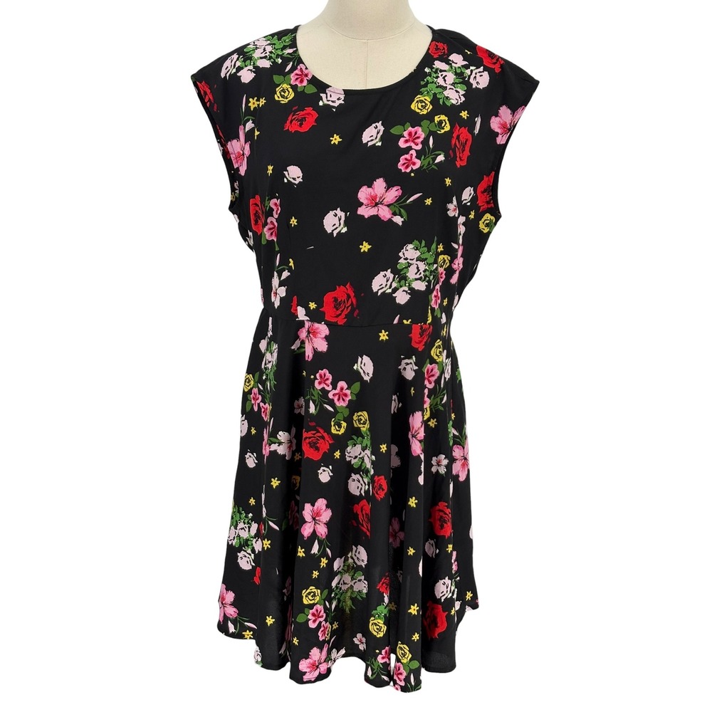 Joe Boxer Mini Dress Black Floral Open Back‎ Sleeveless Fit Flare Large